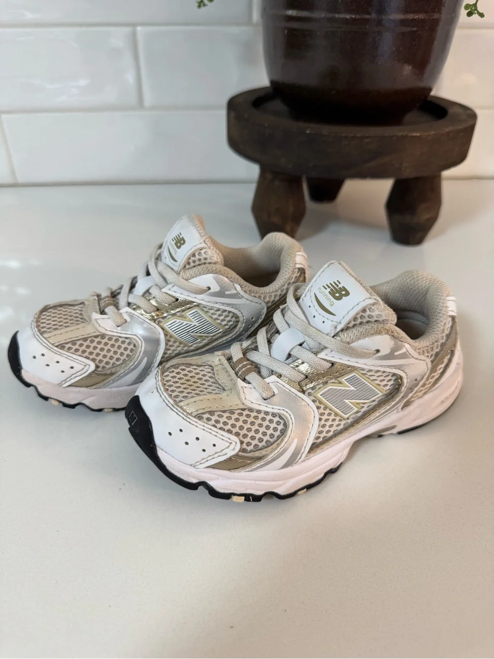 New Balance Kids White and Beige Mesh Running Sneaker